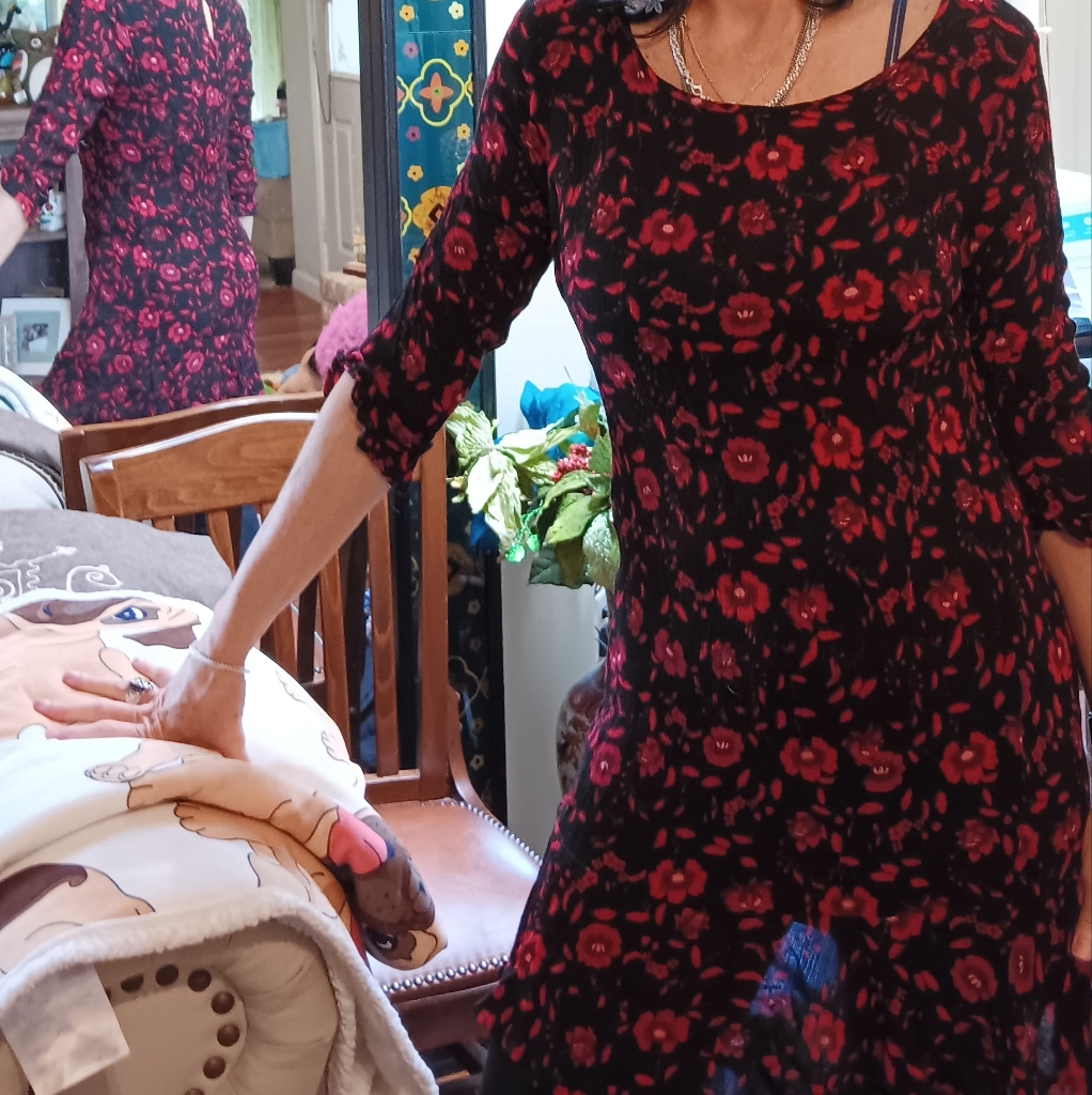 Beautiful Comfy Black And Red Roses Dress Guc